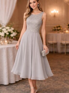 Connected Apparel Silver Sequin Bodice Chiffon Midi Dress Sz 16